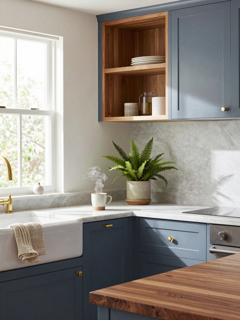 blue gray paired with wood