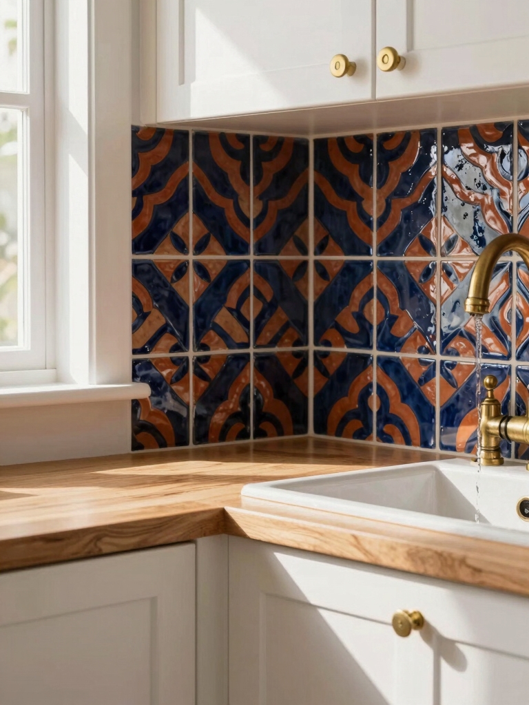 bold patterned ceramic backsplash