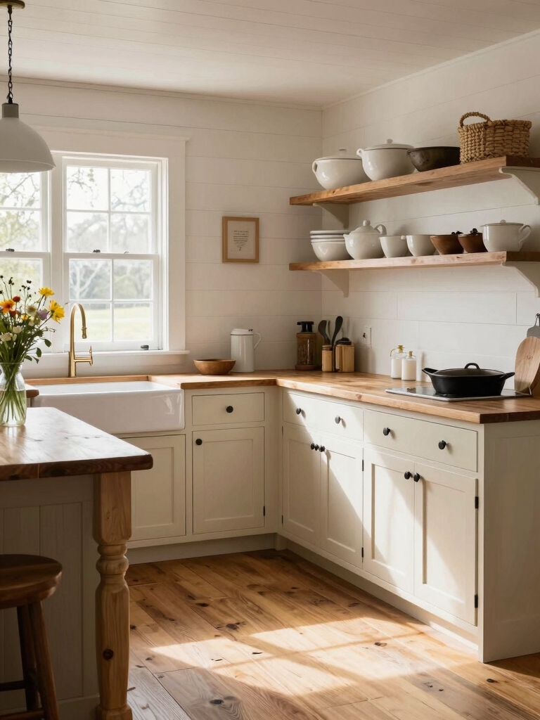 cozy farmhouse kitchen with shiplap