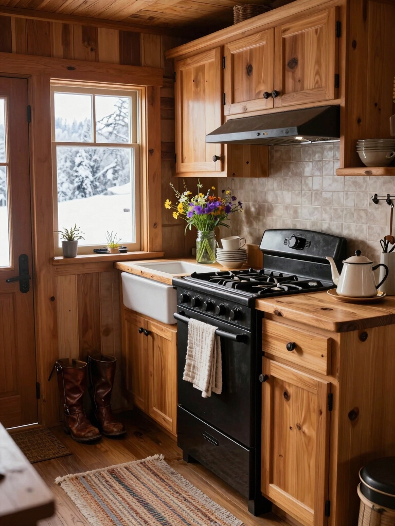 cozy mountain inspired tiny kitchen