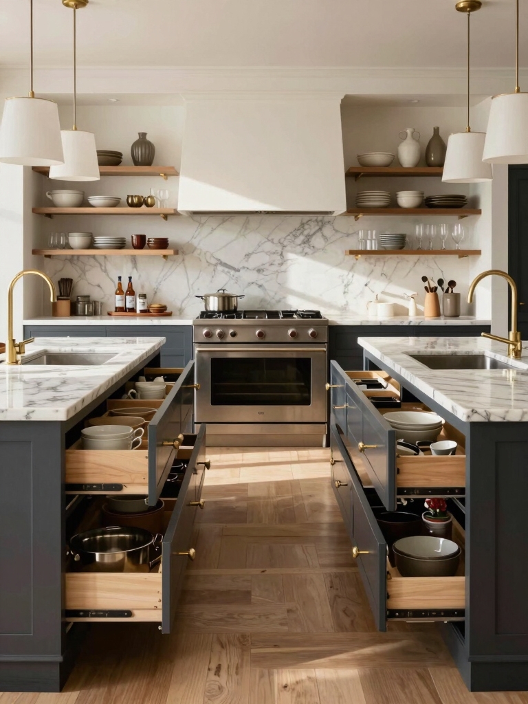 deep drawers appliance garages open shelves