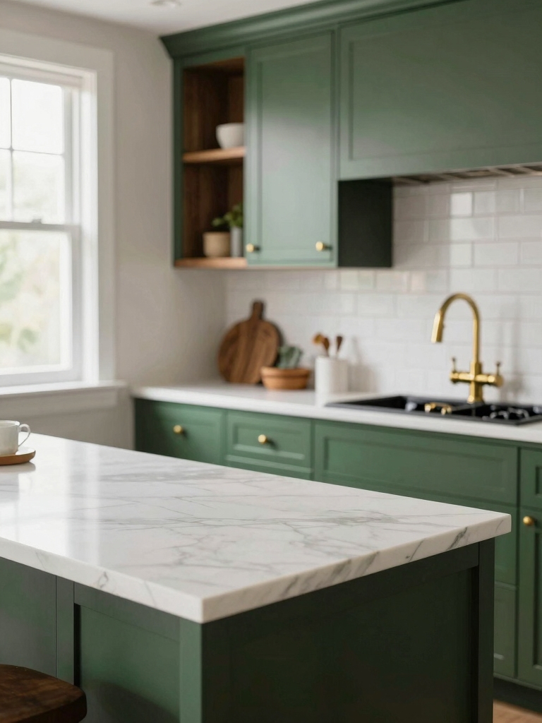 green cabinets with countertops