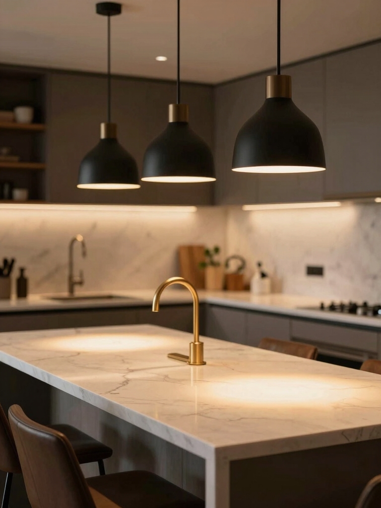 layered lighting anchors kitchen islands