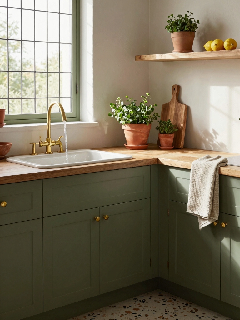 olive green organic kitchen cabinets