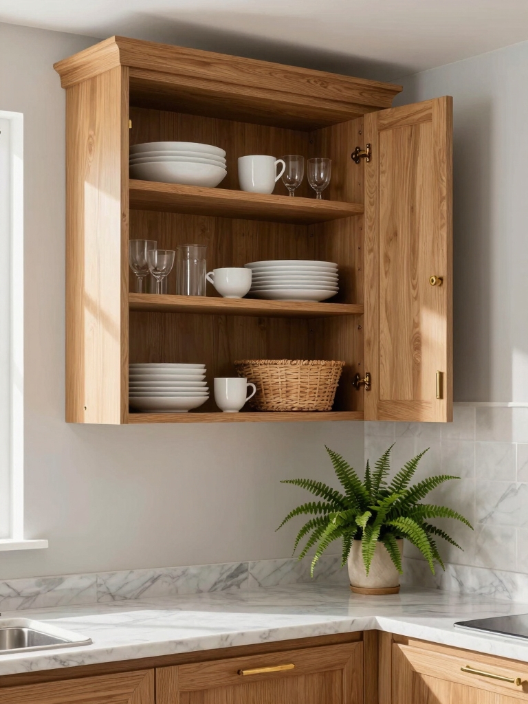 open shelving lightens oak cabinetry