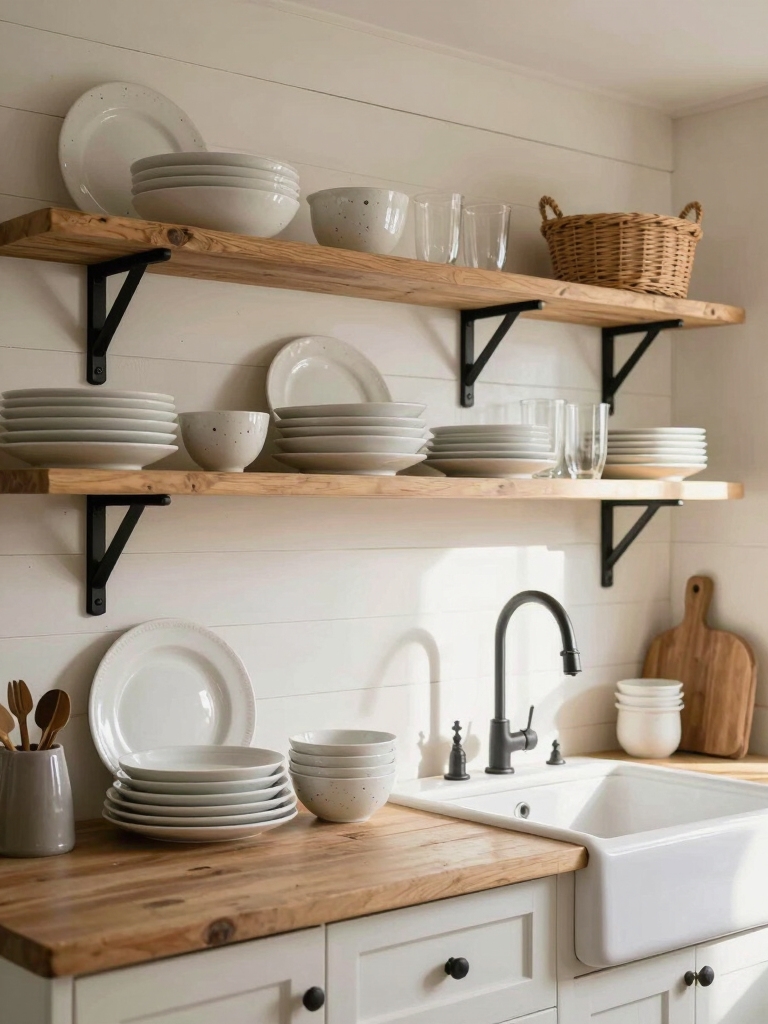 open shelving showcases dinnerware