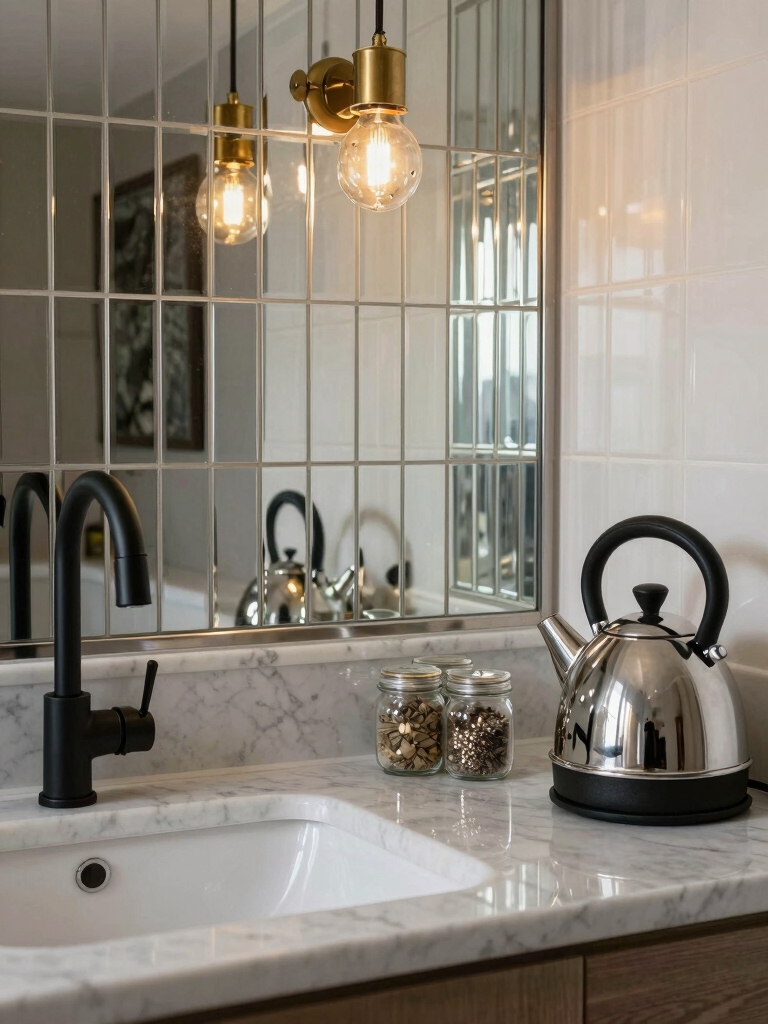 reflective backsplash expands small kitchens