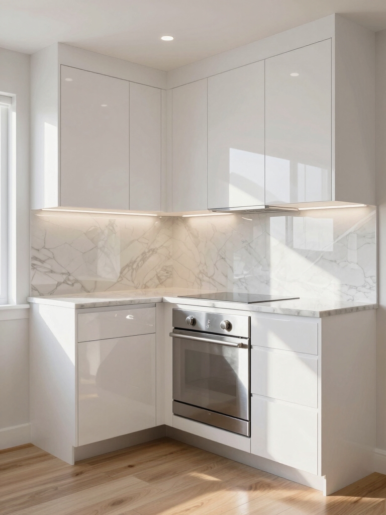 reflective finishes amplify compact kitchen