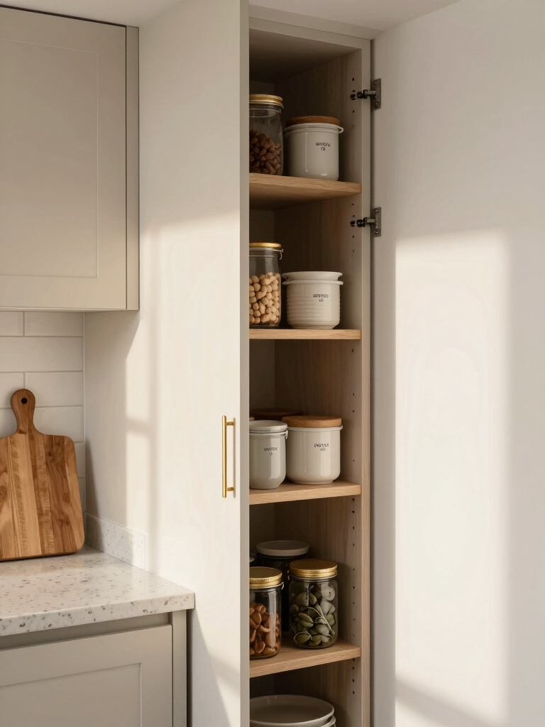 shallow vertical pantry beside fridge