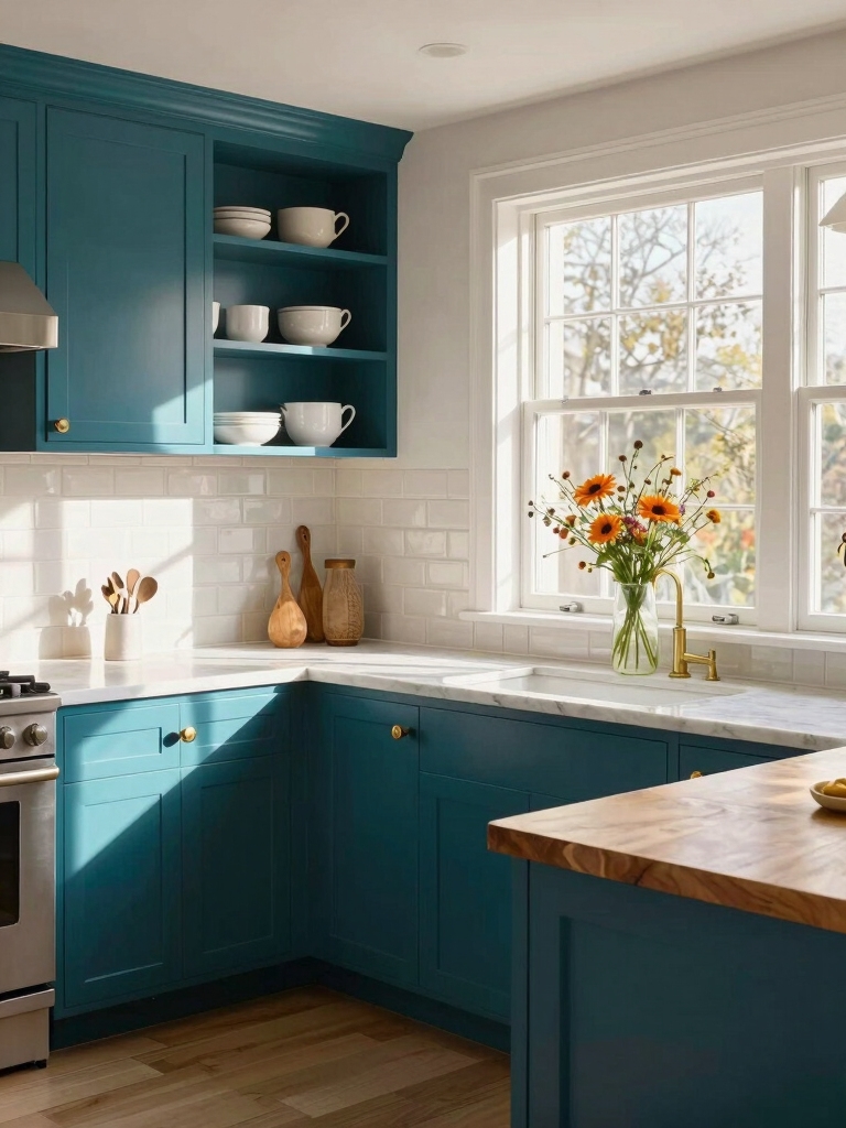 vibrant teal kitchen cabinets