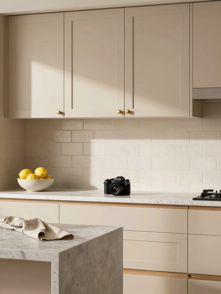 warm countertops complementing beige cabinetry