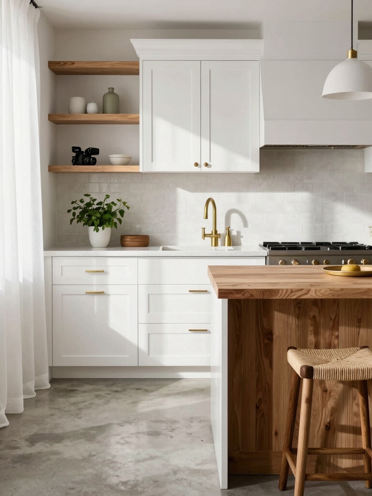 warm wood accents soften palette