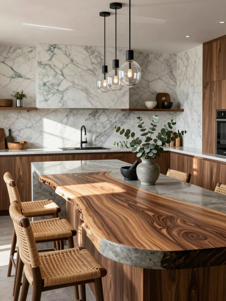 warm wooden curved island