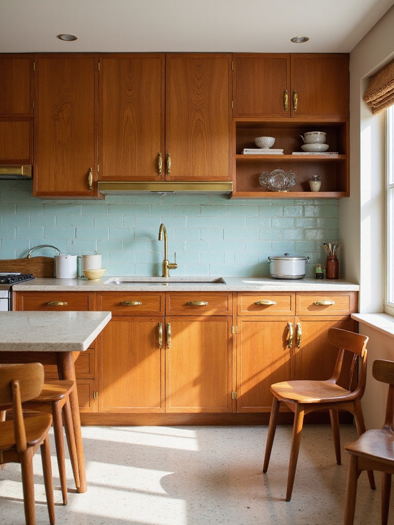 clean lined teak cabinets brass