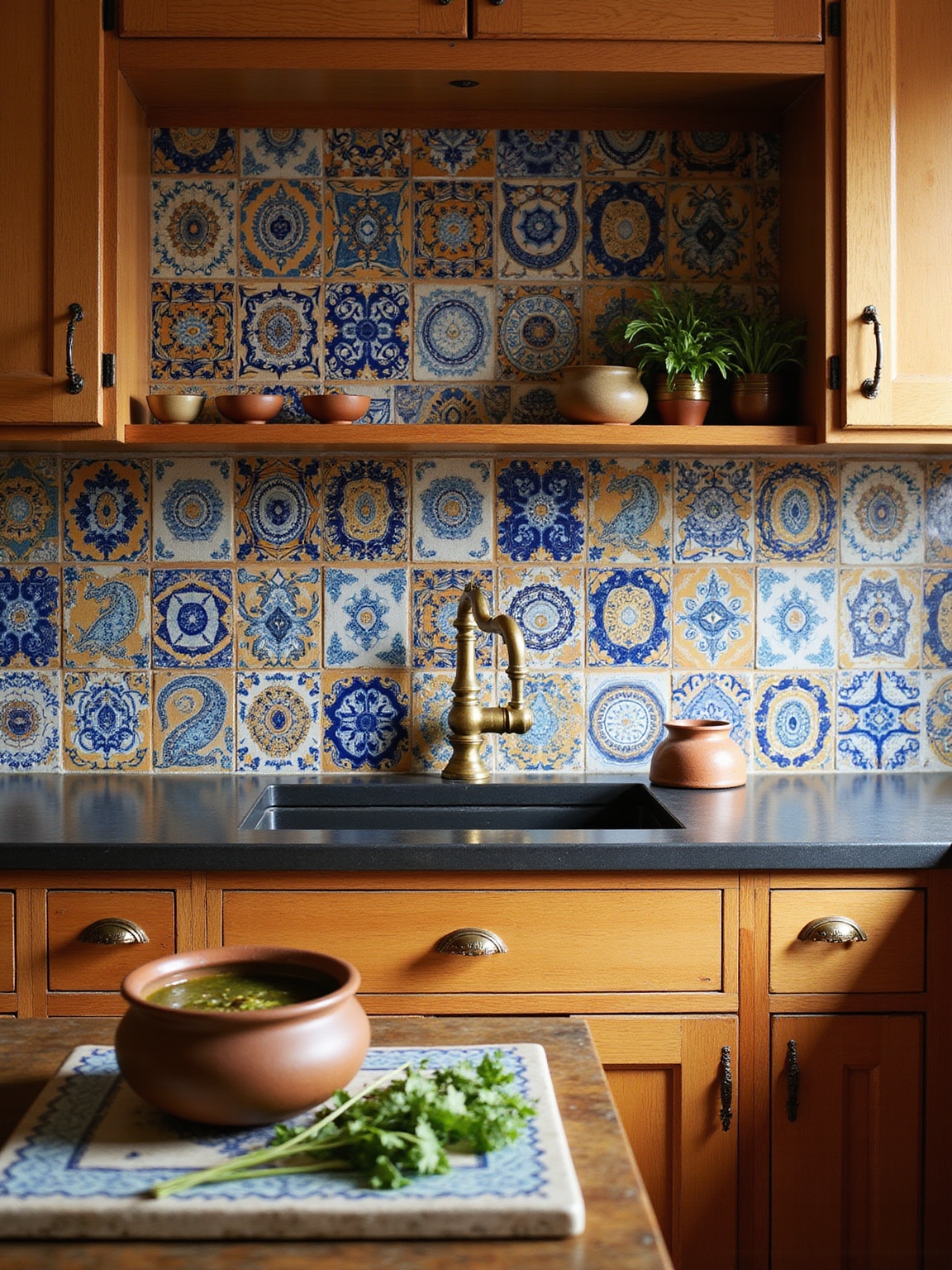 hand painted village inspired kitchen tiles