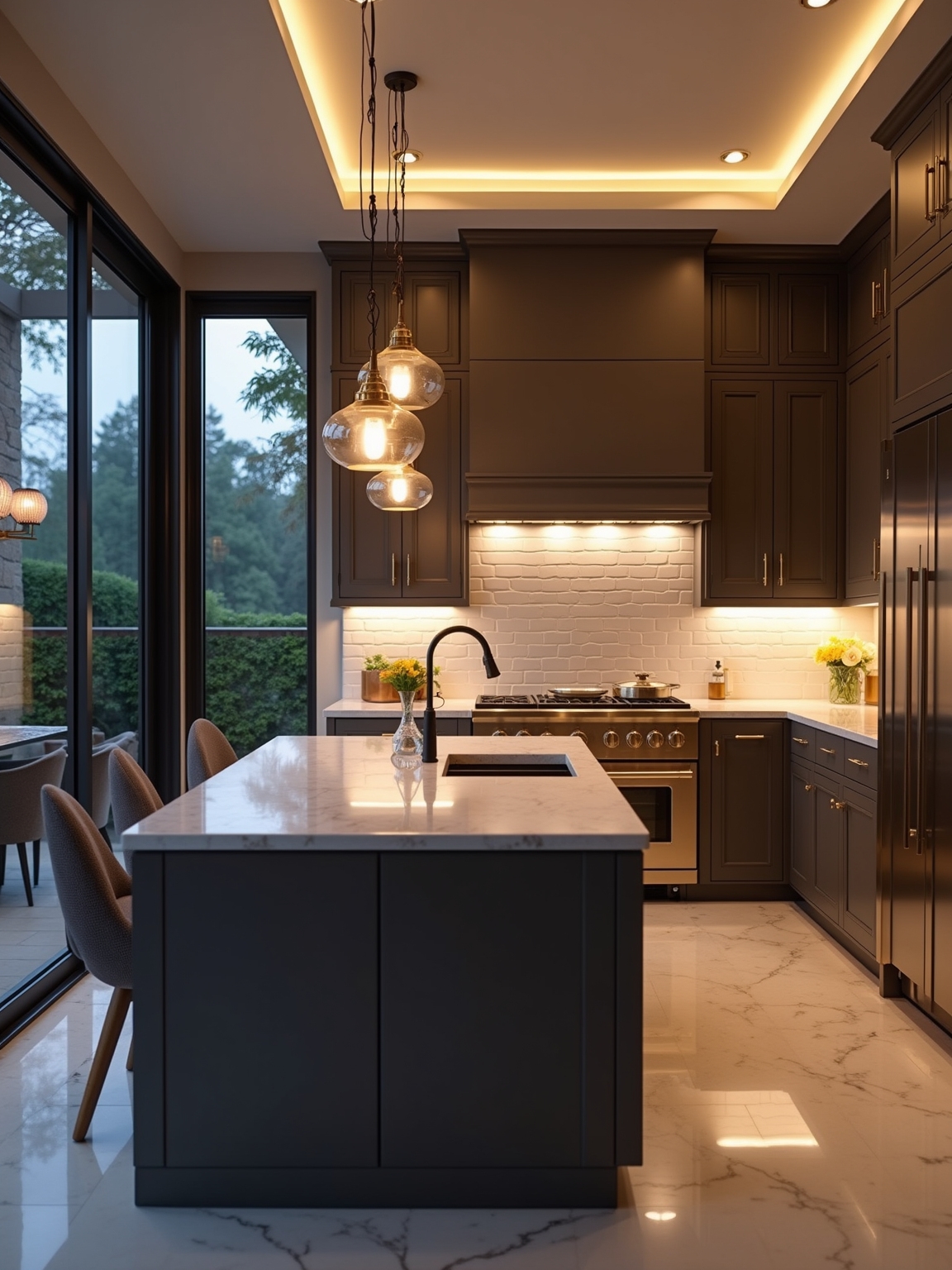 hotel worthy layered kitchen lighting