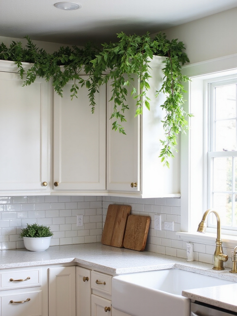 layered faux greenery above cabinets