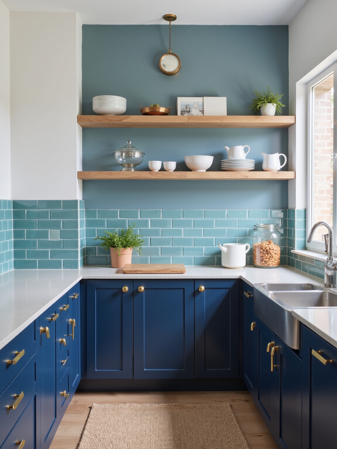 mid blue cabinets with teal