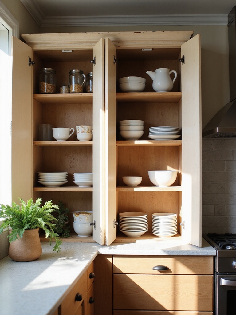 open cabinets near prep