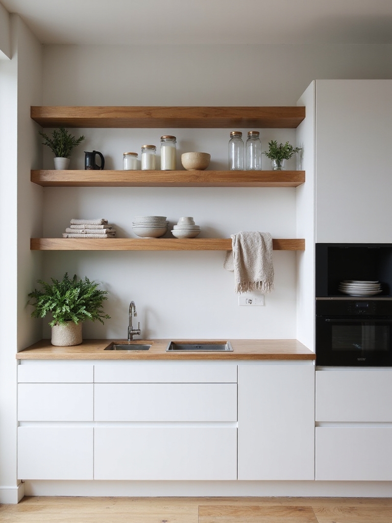 open shelves closed cabinets