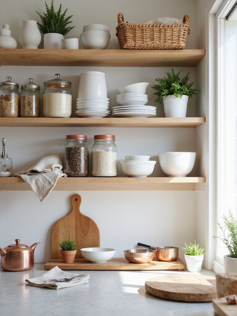 stylish organized open kitchen shelving