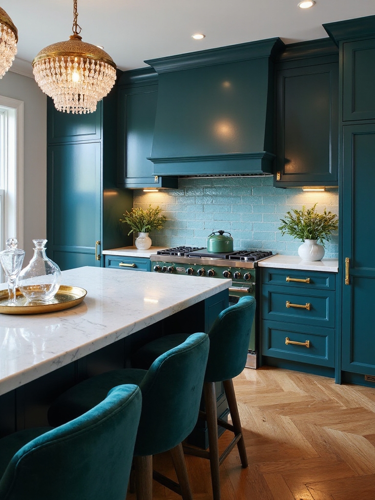 warm jewel teal kitchen glamour