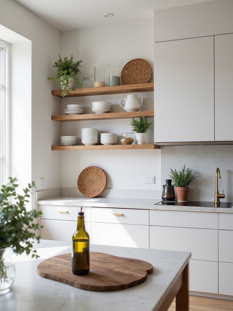 warm layered open shelf kitchen layouts
