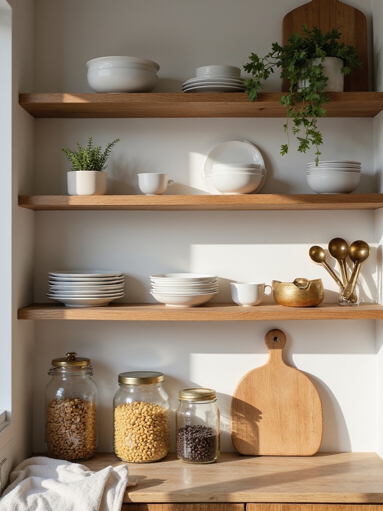 warm layered open shelf styling