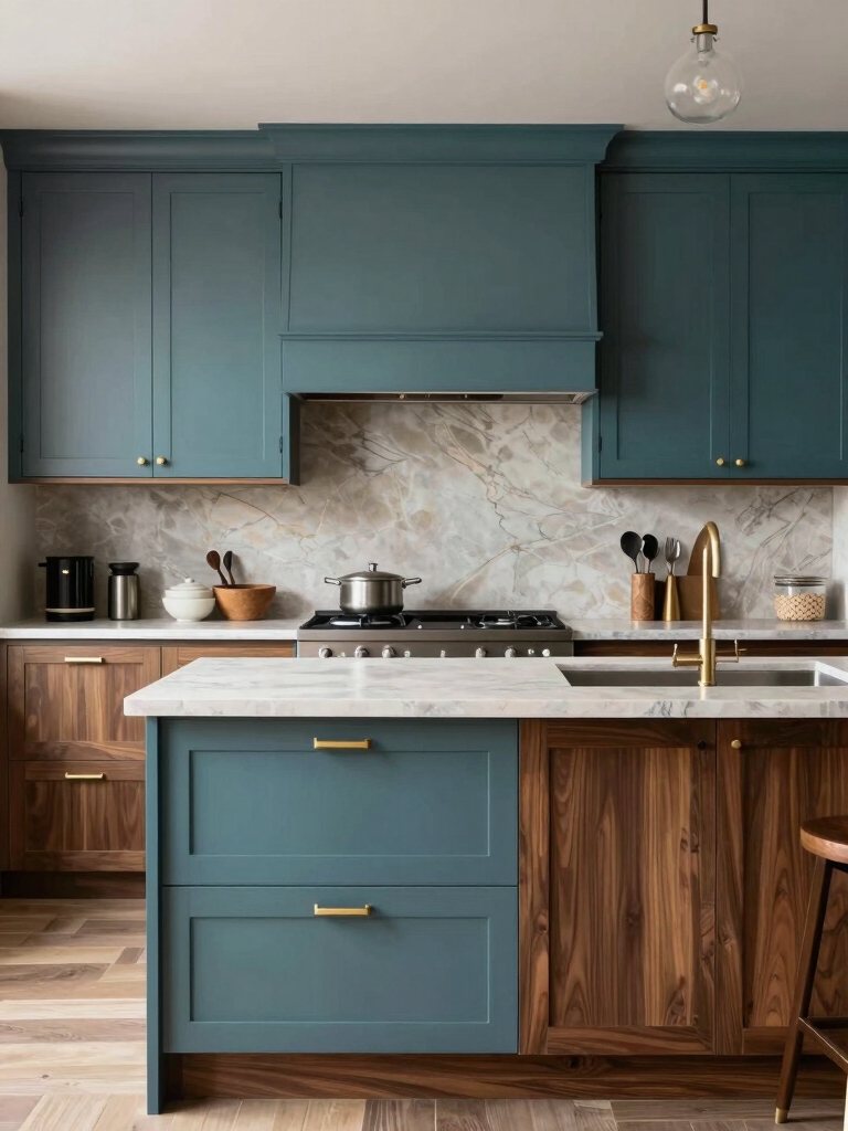 blue green cabinets contrast warmth