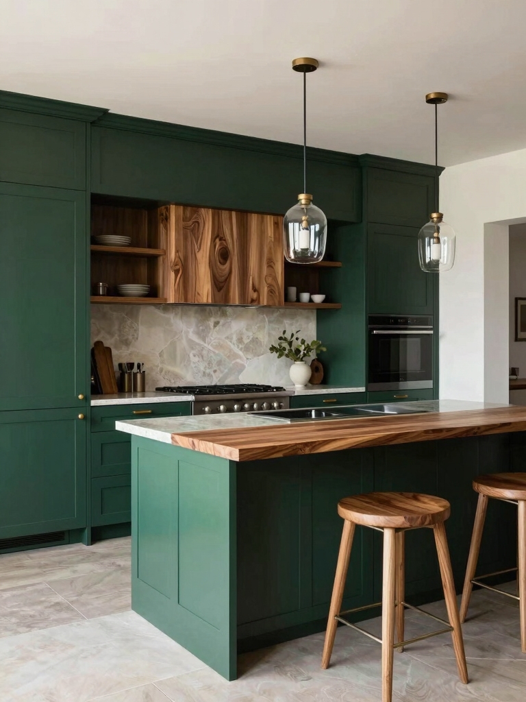 emerald cabinets with woodgrain