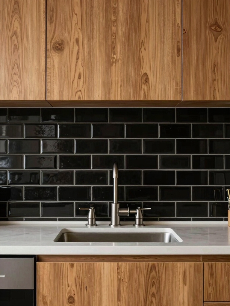 high contrast tiles with oak