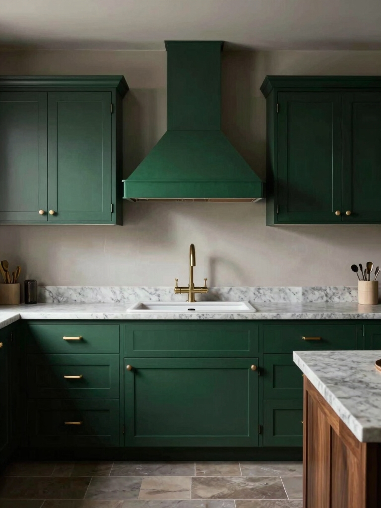 moody dark green cabinets