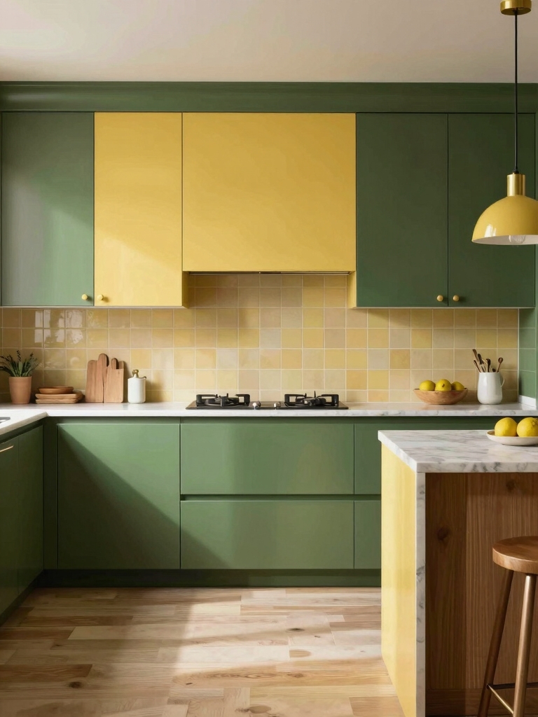 olive cabinetry with yellow