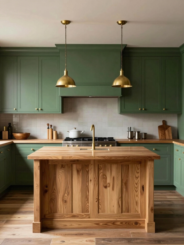 olive cabinets warm woods brass