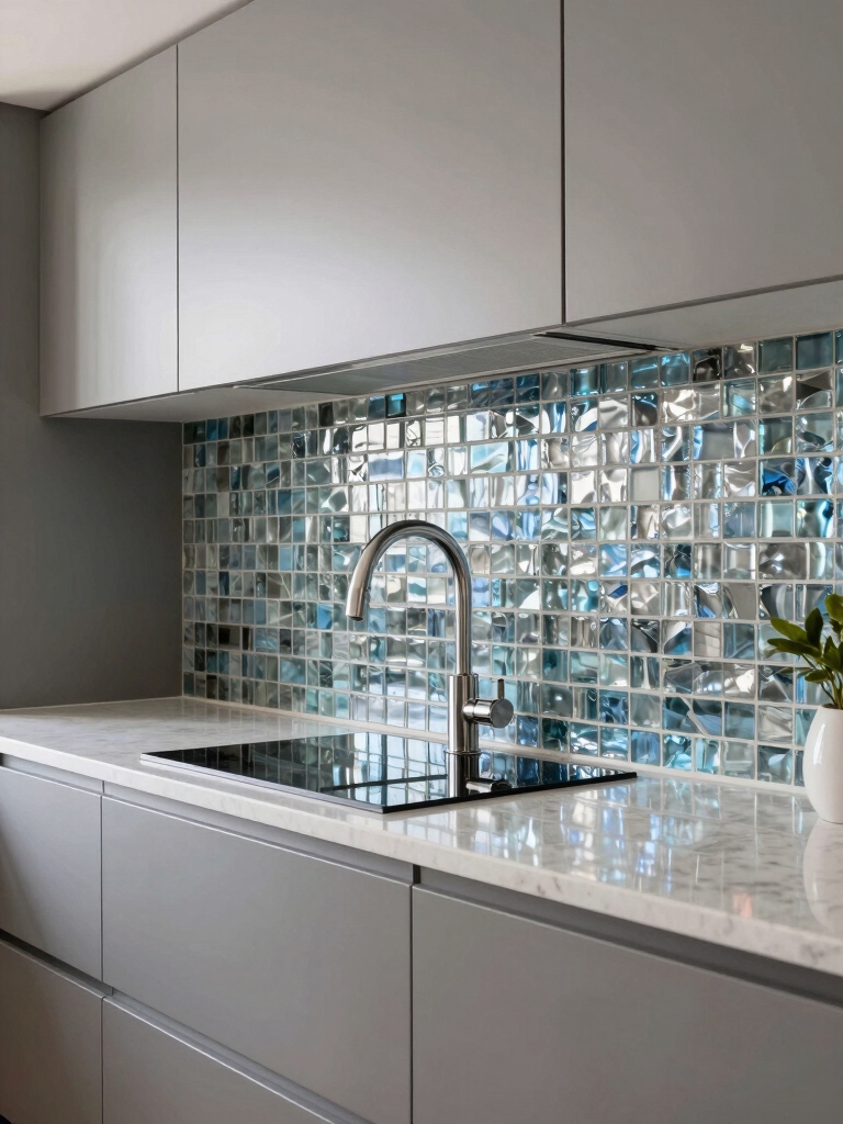 reflective glass mosaic backsplash