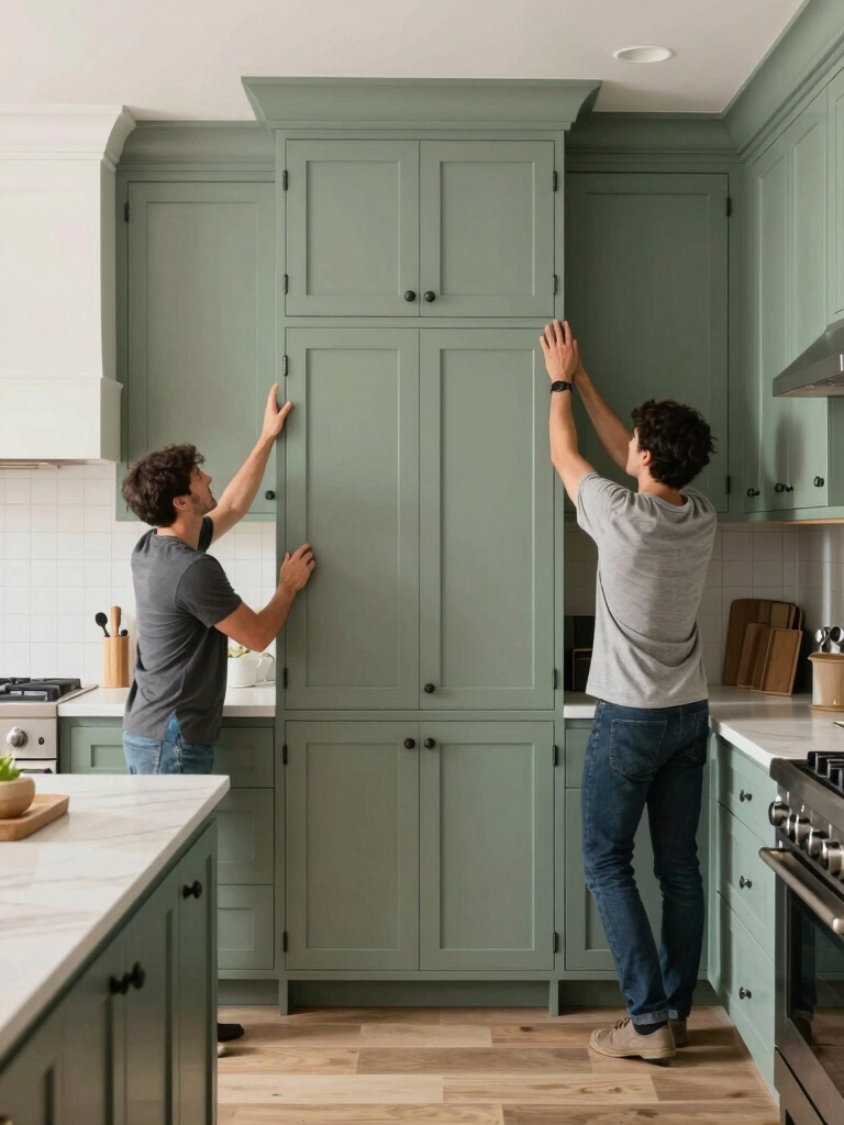 sage cabinets white counters