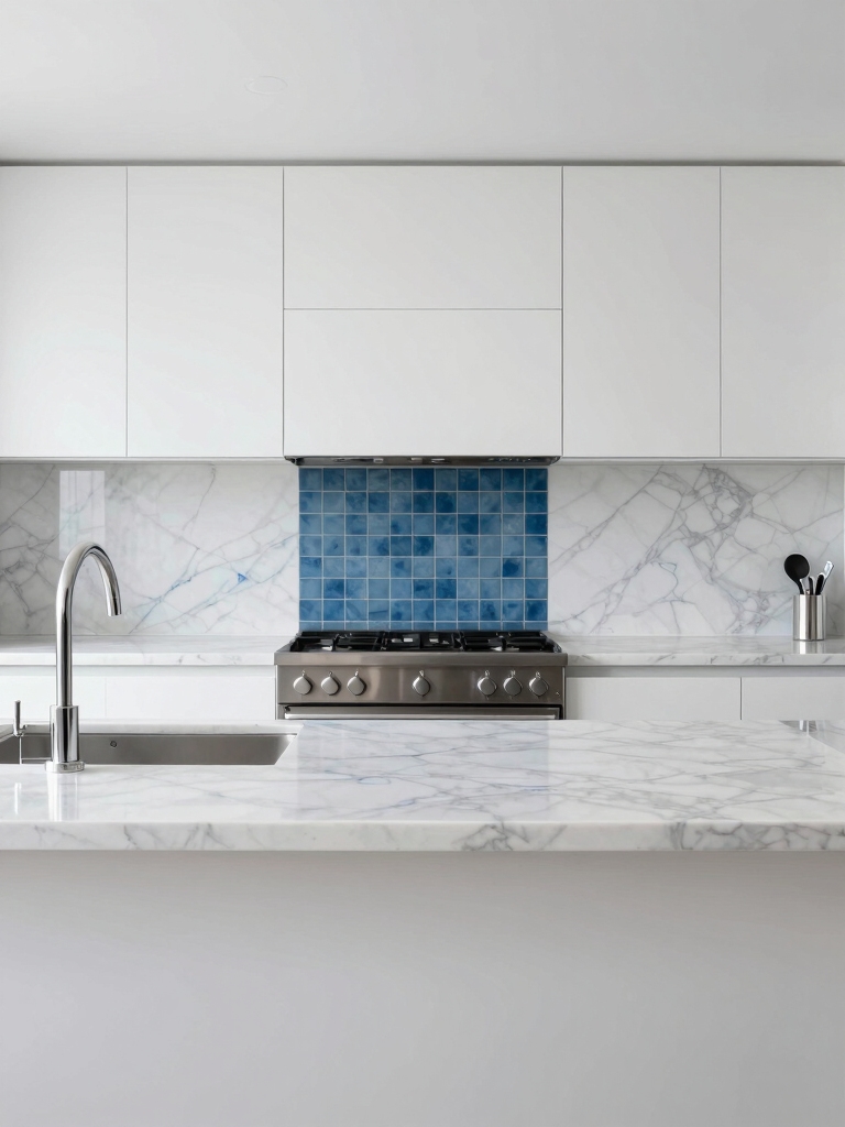 subtle blues enhance white kitchens