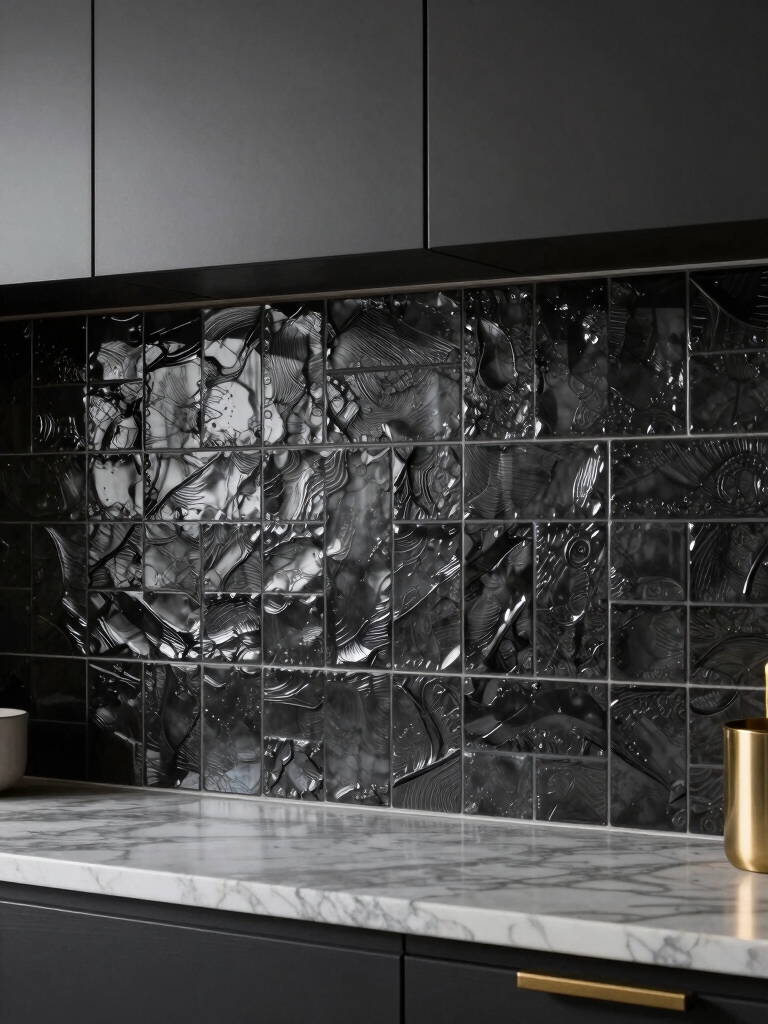 textured black backsplash elegance