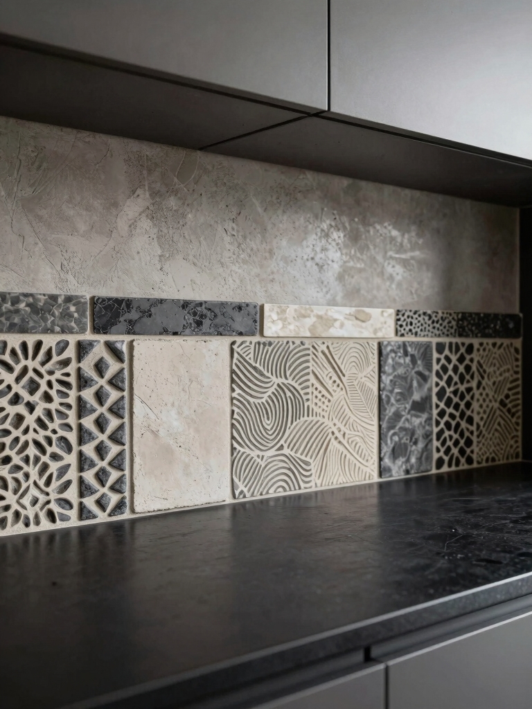 textured cement kitchen backsplash