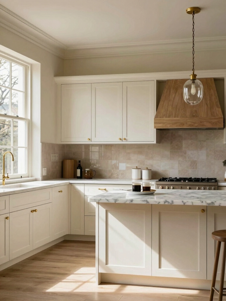 warm creams enhance white cabinets