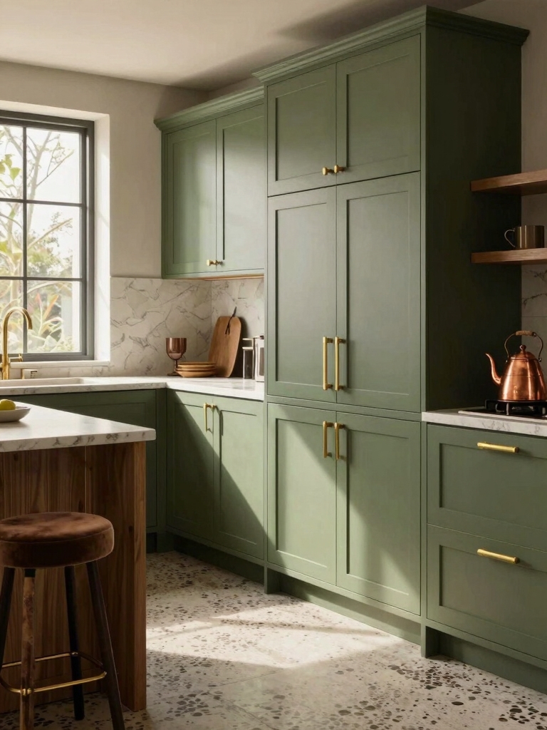 warm inviting green kitchens