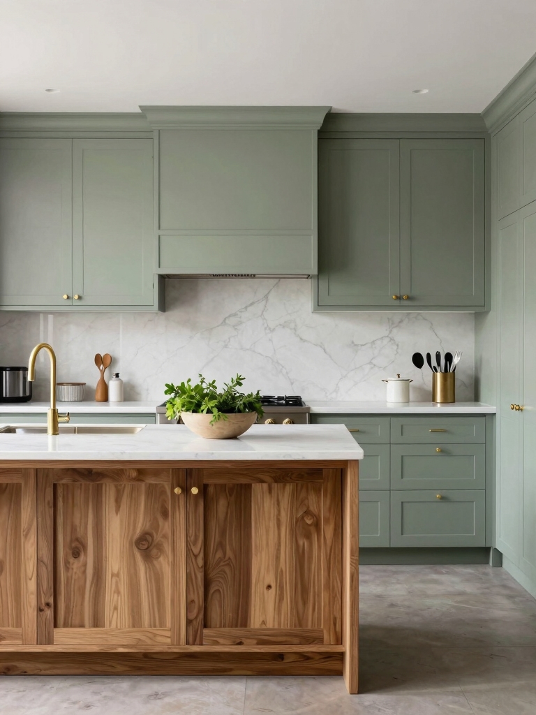 warm timber accents enhance sage
